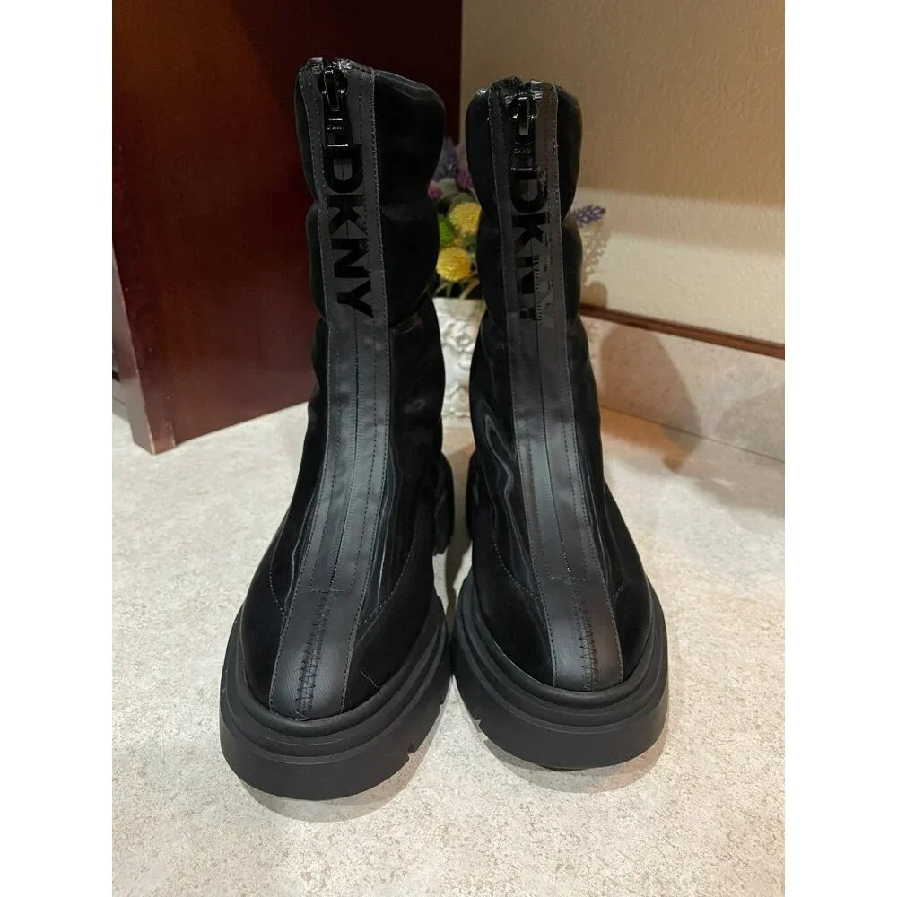 DKNY Fiza Black Platform Zipper Boots Chunky Sole Almond Toe Synthetic US Sz 7.5